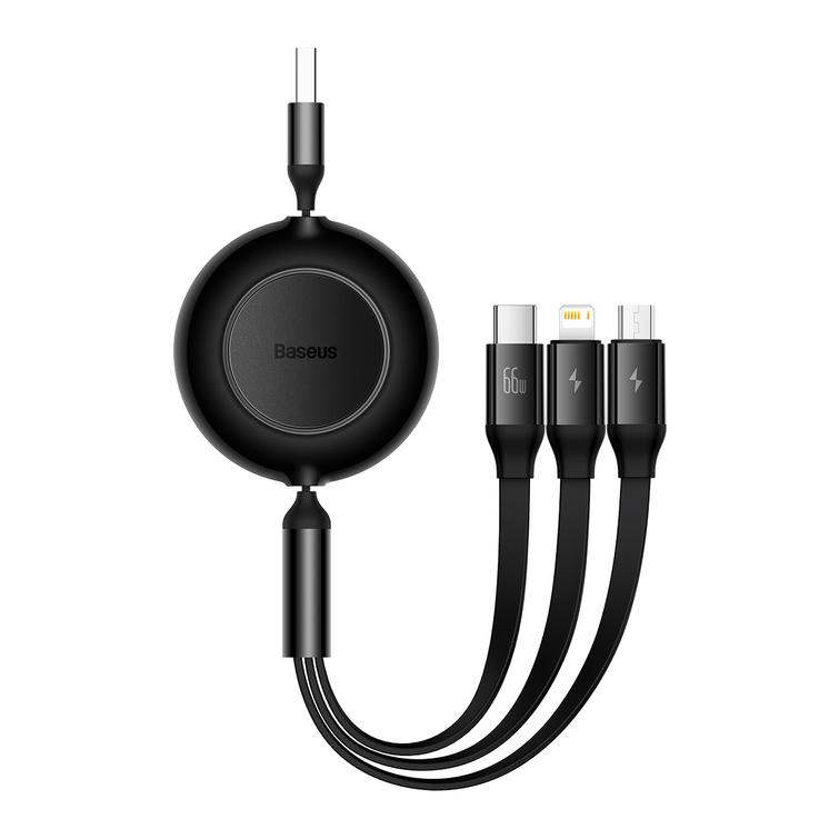 Baseus-kaapeli Bright Mirror 2 3w1 USB - micro USB + Lightning + USB-C 1,1m 66W musta sisäänvedettävä