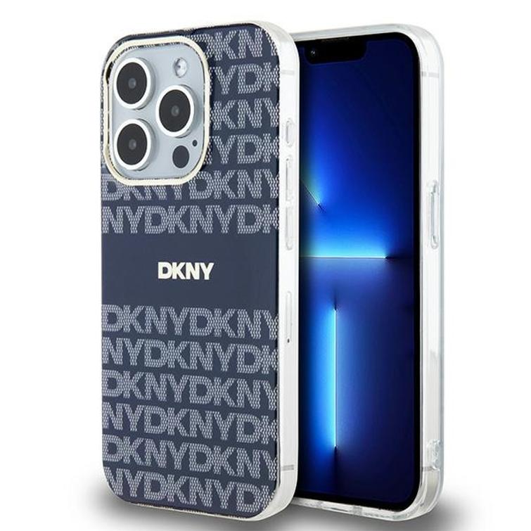 DKNY iPhone 15 Pro 6,1" -puhelimen suojakuori DKHMP15LHRHSEB, nilkkareunainen, HC Magsafe -pintakuvioitu, toistuva kuvio ja raidat.