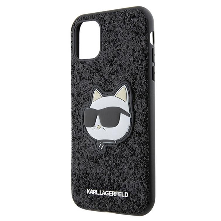 Karl Lagerfeld iPhone 11 / XR -suojakuori KLHCN61G2CPK musta kovakuori Glitter Choupette Patch -kuviolla