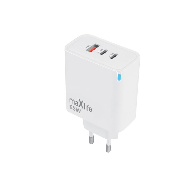 Maxlife MXTC-09-65ACC GaN PD QC charger 2x USB-C 1x USB 65W white