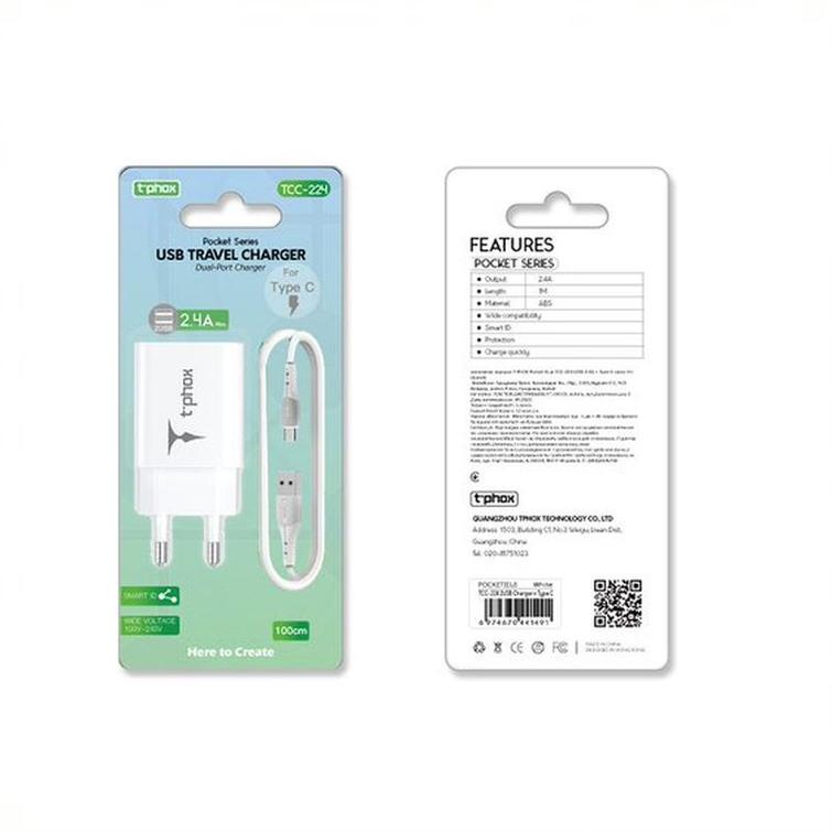 T-PHOX WALL CHARGER POCKET SERIES 2xUSB TCC-224 12W + USB-C CABLE WHITE