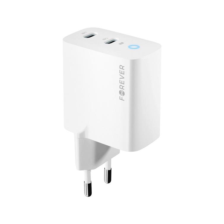 Forever TC-06-65CC GaN PD QC laturi 2x USB-C 65W valkoinen
