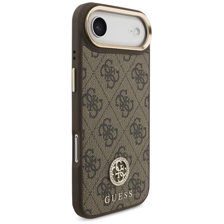 Guess 4G Strass Logo & Big Strap Metal Buttons MagSafe -kotelo iPhone Airille, ruskea