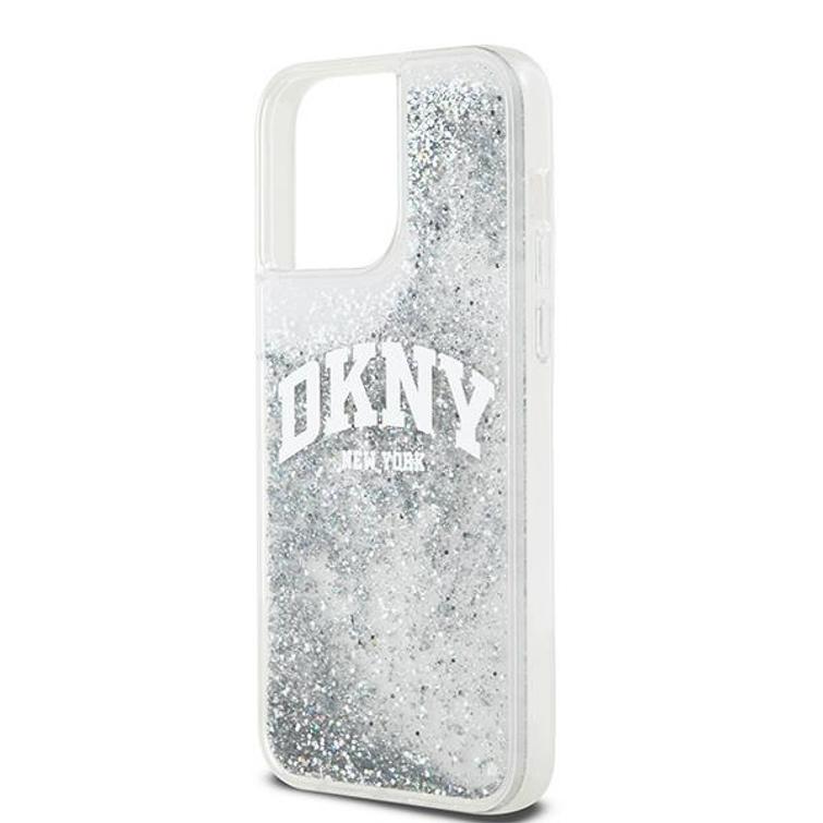 DKNY-suojakuori iPhone 15 Pro Max 6,7":lle DKHCP15XLBNAET, valkoiset HC-nestekimalteet ja kaarilogo.