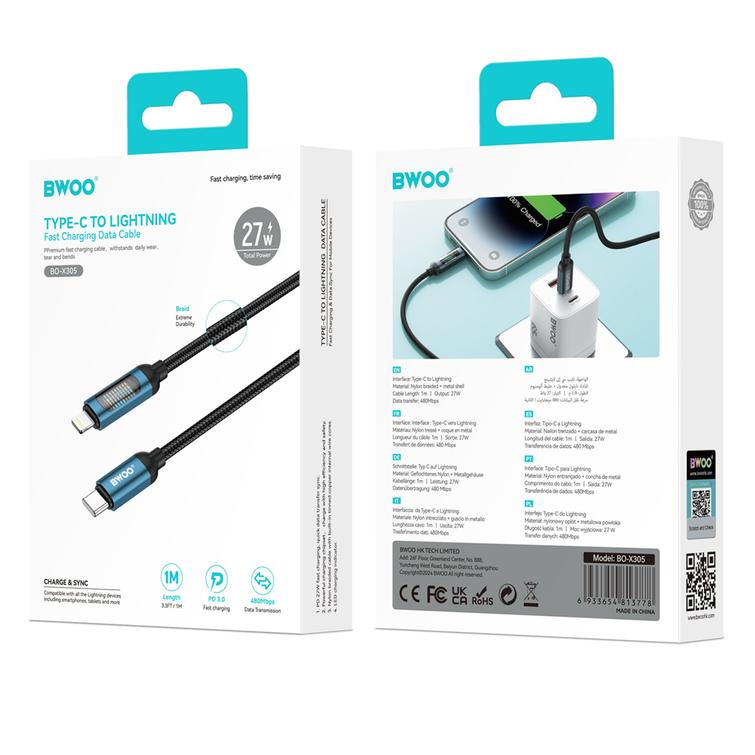 BWOO usb-c Lightning-kaapeli 1m 27W LED-n&auml;yt&ouml;ll&auml;, punottu, musta