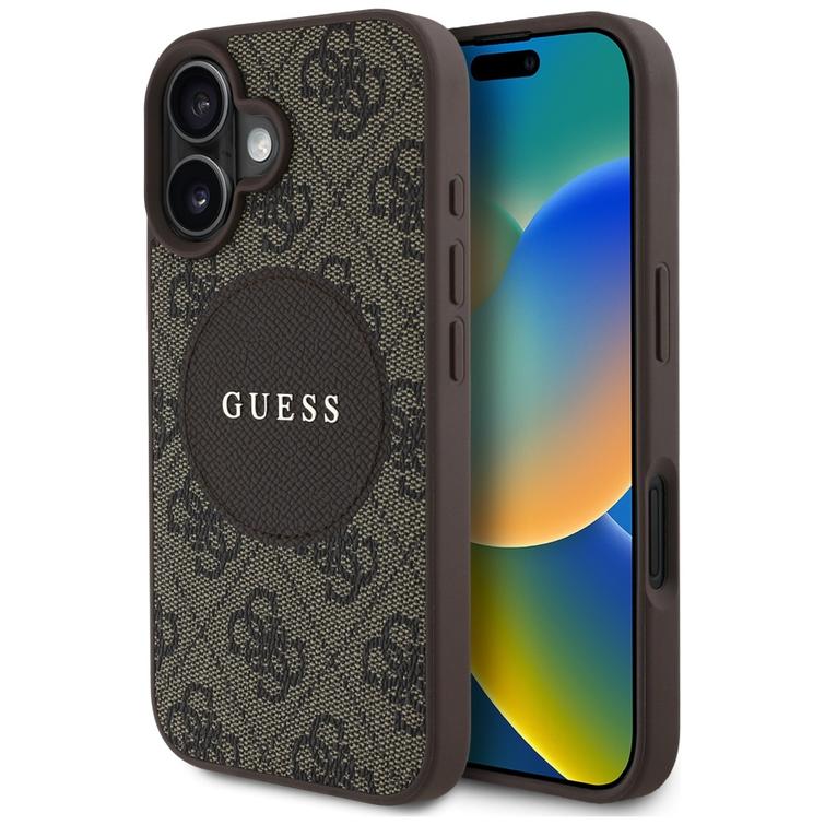 Guess HC MagSafe PU 4G Circle -suojakuori klassisella logolla iPhone 16:lle, ruskea