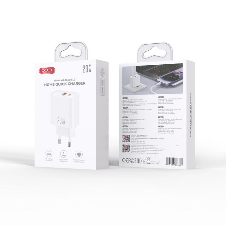 XO sein&auml;laturi CE40 PD 20W 1x USB-C 1x USB Valkoinen