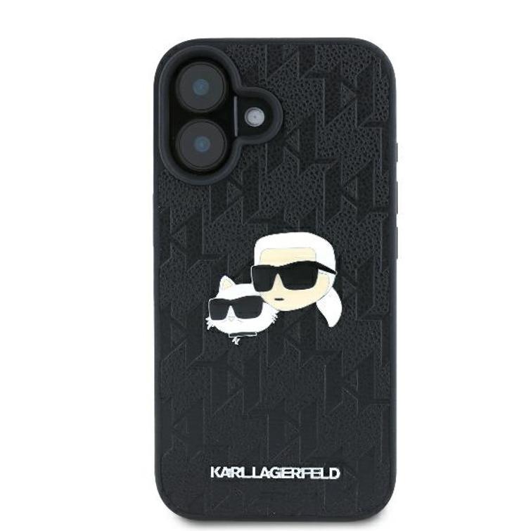 Karl Lagerfeld iPhone 16 6,1" -puhelimen kuoret, KLHCP16SPGKLKCPK, musta, kova monogrammikuvioinen Karl&Choupette-neula.
