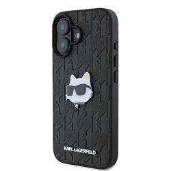 Karl Lagerfeld iPhone 16 6,1" -puhelimen kuoret, KLHCP16SPGKLCHPK, musta, kova monogrammikuvioinen Choupette-kuvioinen neulapää.