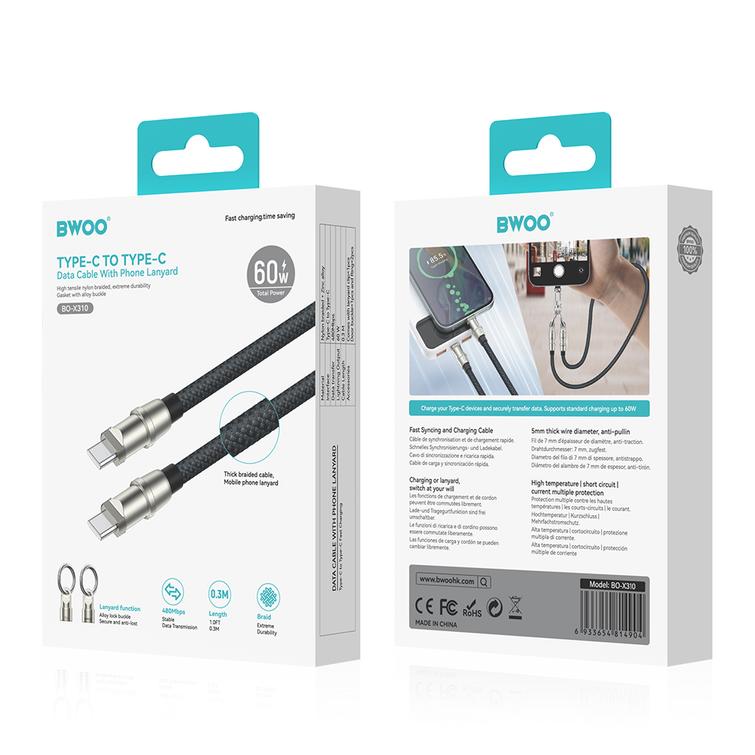 BWOO-hihnakaapeli USB-C - USB-C 1,2 m 60 W hihnalla