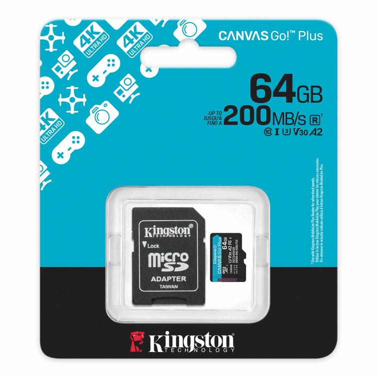 Kingstonin muistikortti 64GB microSDXC Canvas Go Plus Gen4 200MB/s A2 U3 V30 + sovitin