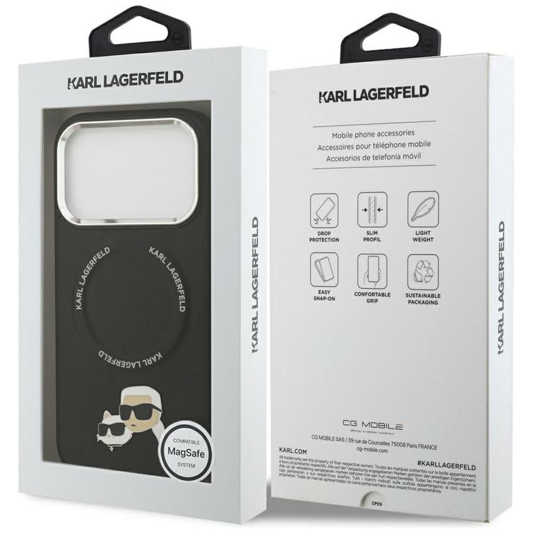 Karl Lagerfeld -kotelo, Magsafe PU -kotelo, jossa Karl&Choupette-p&auml;&auml;t, nastat, logo ja metalliset kamerapainikkeet iPhone 17 Prolle, musta