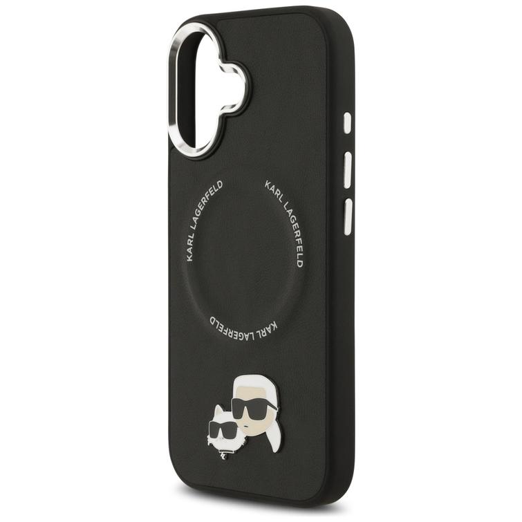 Karl Lagerfeld -kotelo, Magsafe PU -kotelo, jossa Karl&Choupette-päät, nastat, logo ja metalliset kamerapainikkeet iPhone 17:lle, musta