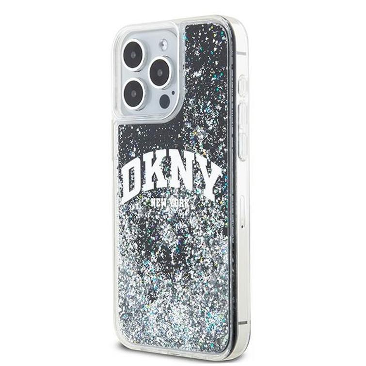 DKNY-suojakuori iPhone 15 Pro Max 6,7":lle DKHCP15XLBNAEK mustat nestekimalteet ja kaarilogo.