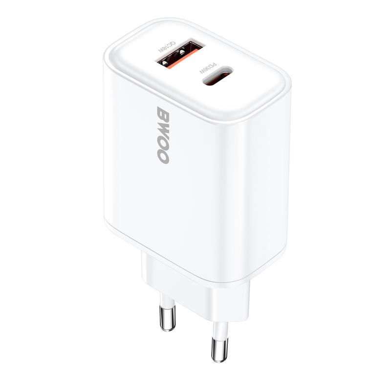 BWOO CDA207 PD 36W sein&auml;laturi 1x USB-A + USB-C -portti valkoinen