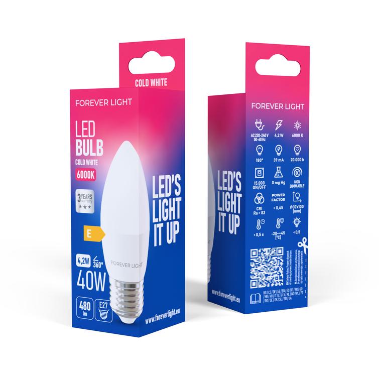 Forever Light LED-lamppu E27 C37 4,2 W 480 lm 6000 K, luokka E