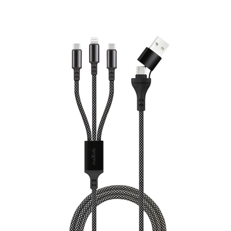 Maxlife ALLin1 -kaapeli USB + USB-C - Lightning + 2x USB-C 1,0 m 66W musta