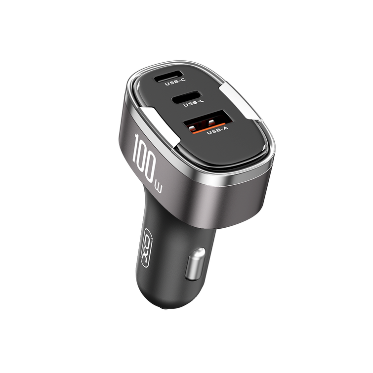 XO autolaturi CC61 PD QC 3.0 100W 1x USB 1x USB-C 1x Lightning harmaa