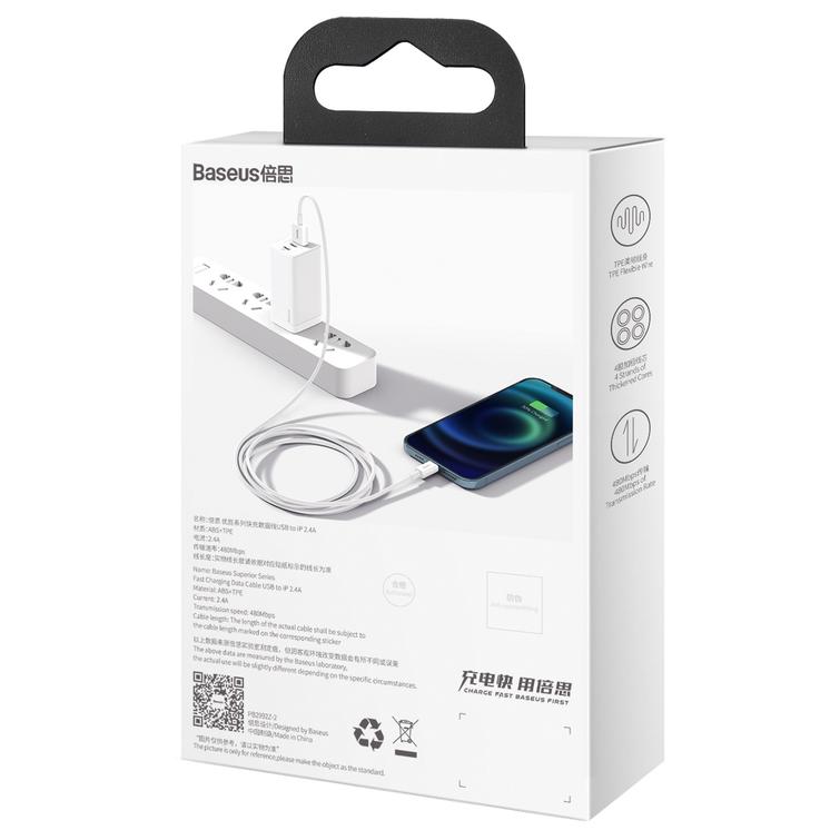 Baseus Superior USB - Lightning -kaapeli 1,0 m 2,4A valkoinen
