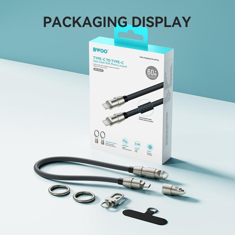 BWOO-hihnakaapeli USB-C - USB-C 0,3 m 60 W hihnalla