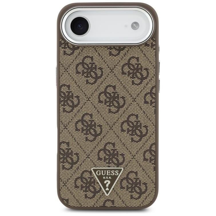Guess Case Magsafe 4G PU-nahkakotelo kolmiologolla ja hopeisella metallisella kamerakehyksell&auml; iPhone 17 Air Brownille